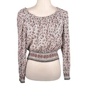 H&M White Floral Boho Long Sleeve Flowy Top Size 2 Small